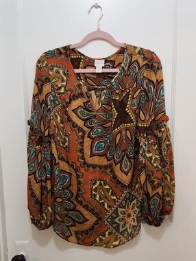 Chico's Mixed Print Chiffon Longsleeve Blouse Top Size 1 (US Size Medium)